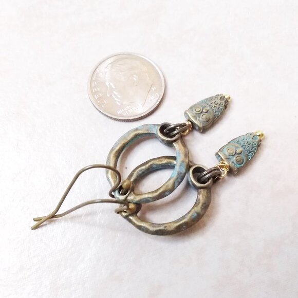 Handmade Owl Dangle Earrings!!! Shorter Patina Painted Bronze Owls - Bird Lovers - Picture 2 of 6